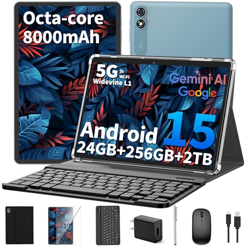 Android 15 Tablet 10 inch, 2026 Tablet with Keyboard, 24GB+256GB+2TB Expand, 2-in-1 Tablets with 8-Core, 5G WiFi, 8000mAh, BT5.0, GMS, GPS, Gemini AI, Tablets PC with Mouse, Case, Stylus (Black)
