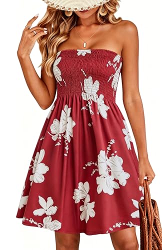 Sundresses for Women Casual Beach Summer Strapless Coverups Tube Tops Off The Shouder Dresses (WineRed,M)
