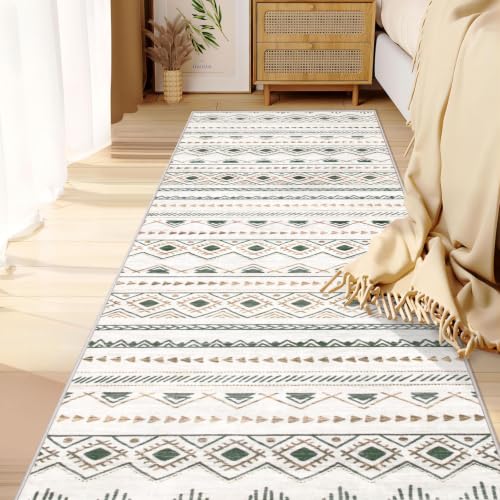 Runner Rug 2x7 Boho Geometric Area Rugs: Washable Kitchen Entryway Rug, Soft Non Slip Moroccan Long Hallway Rugs for Bedroom Bathroom Laundry Entryway Staircase Foyer(Brown Green,2'x7')