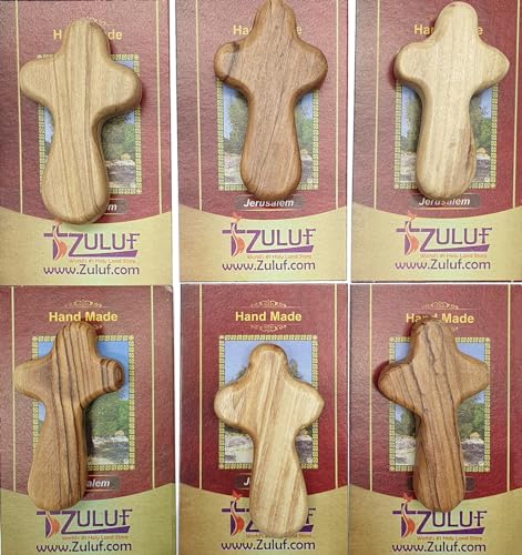 Zuluf Six Small Olive Wood Crosses The Holding Crosses From Israel | Handheld, Comforting Design for Clutching, Clinging With 6 Holy Land Certificates 6cm / 2.5 Inch Each Cross - CRS095