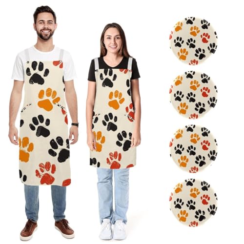 Lot de 2 tabliers de cuisine lin réglable tablier imprimé patte de chien poches