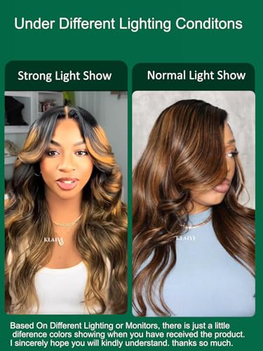 Image of KLAIYI Bye Bye Slip Ombre Balayage Brown Loose Body Wave 7X5 Pre Cut Lace Front Human Hair Wig Drawstring Glueless Highlight Pre Plucked Bleached Knots Wig with Face Framing Bangs 180% Density 24Inch