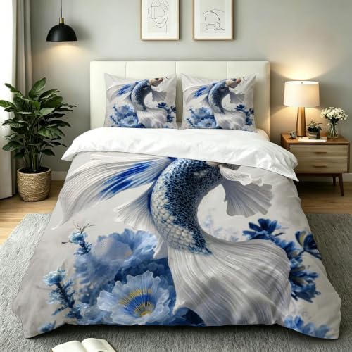 Housse de Couette 140x200 Carpe Koï Bleue en Microfibre avec 2 Taies