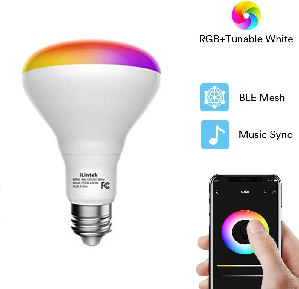 Smart Flood Light Bulb - Color Changing BR30 Flood Light Bulb 9W(65W Equivalent) E26, Music Sync Dimmable Timing Function Light Bulb, No Hub Required (BR309W)