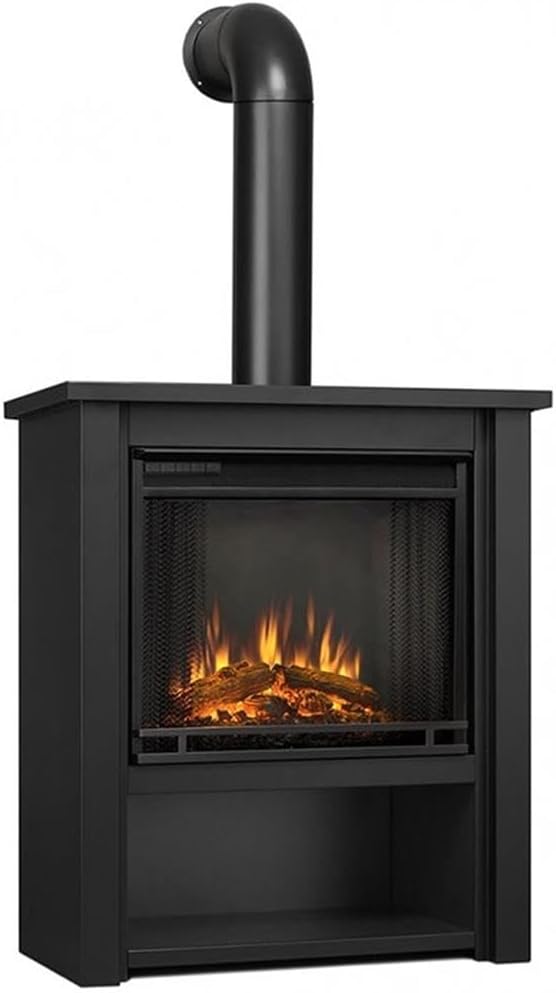 BOWERY HILL Modern Stainless Steel Electric Fireplace Mantel Heater with Remote Control, Adjustable Led Flame, 1500W in Matte Black