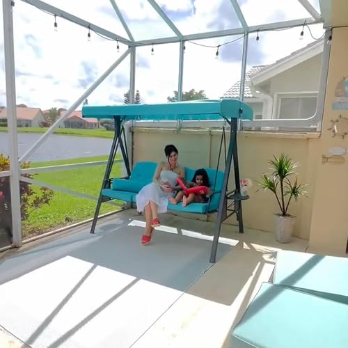 Image of PURPLE LEAF 3-Seat Outdoor Patio Porch Swing with Adjustable Tilt Canopy, Cushions and Pillow Included, Turquoise Blue