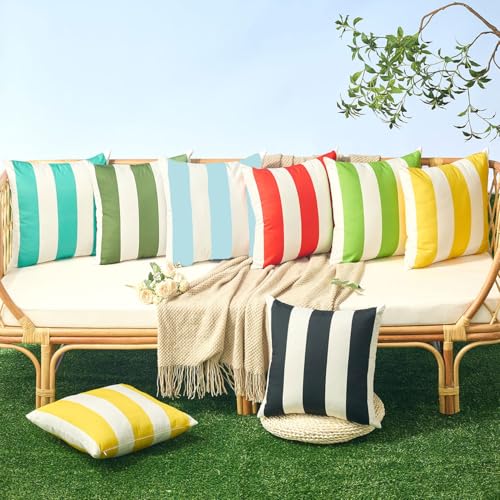 Image of Allorry Outdoor Pillow Covers 20x20 Set of 2 Light Blue Striped Decoration Throw Pillow Covers for Spring Summer Outdoor Waterproof Garden Patio Furniture Sofa Bed Home Decor JB007-O20