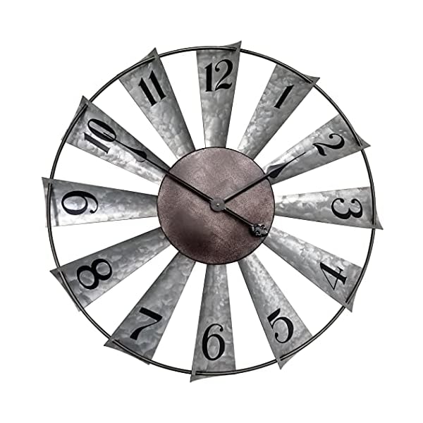 24 Inch Galvanized Windmill Clock Large Decorative Wall Clock Oversized Farmhouse Decor for Living Room,Non Ticking,Distressed Metal