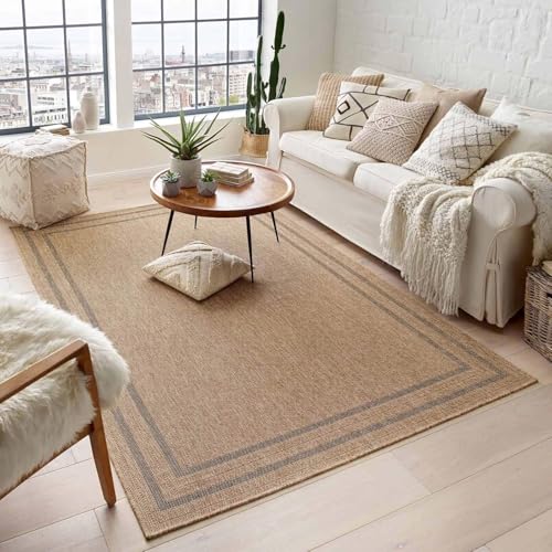 Taracarpet Outdoor & Indoor Teppich für Wohnzimmer Balkon Terrasse wetterfest Borneo Sisal-Jute-Optik naturfarben beige Bordüre schwarz 200x290 cm