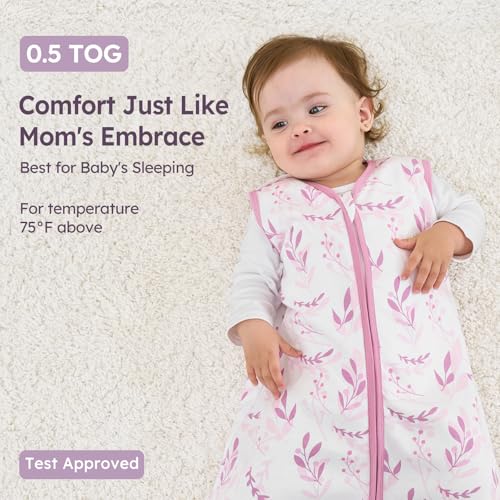 Image of Baby Sleep Sack 0-6 Months 3 Pack 100% Cotton Lightweight 0.5 TOG Wearable Blanket Baby Sleep Bag with 2-Way Zipper for Newborn Infant Purple Leaf