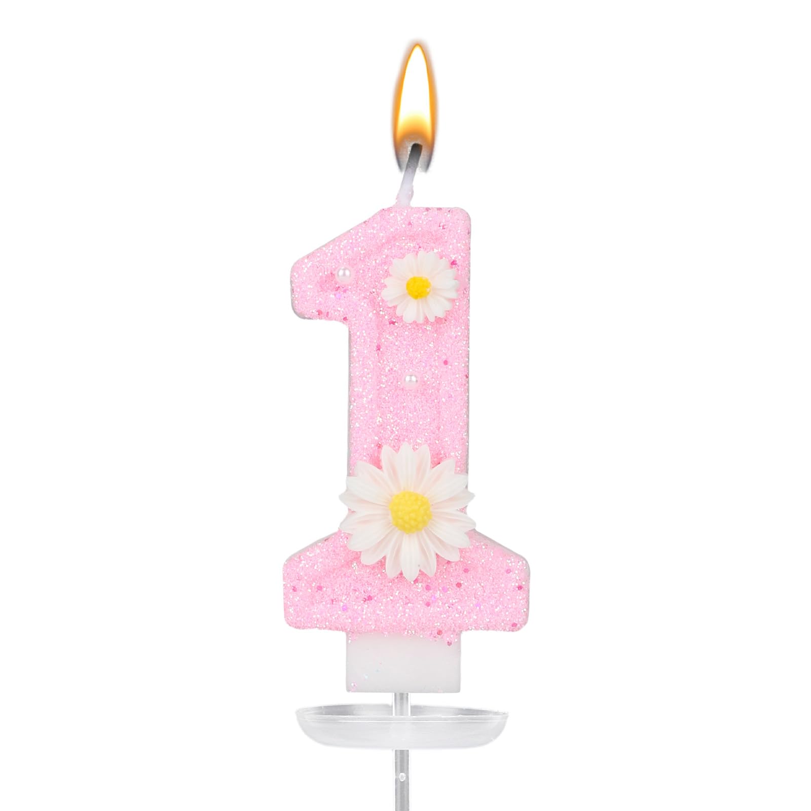 Pink Number 1 Birthday Candle, Glitter Daisy Number Candle with Tray and Stick Cute Cake Toppers for Girls First Birthday Party Decoration