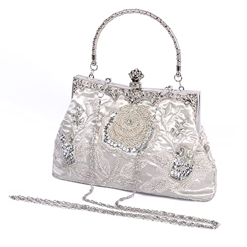 Beaface Bolsos de embrague para mujer, embragues con cuentas florales para mujer, bolso de embrague de noche de boda, bolsos de embrague bordados para mujer, Silver, One Size