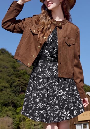 Babalet Womens Cropped Jacket Button Down Faux Suede Short Bomber Jacket Long Sleeve Varsity Jacket Casual Shacket Jackets4