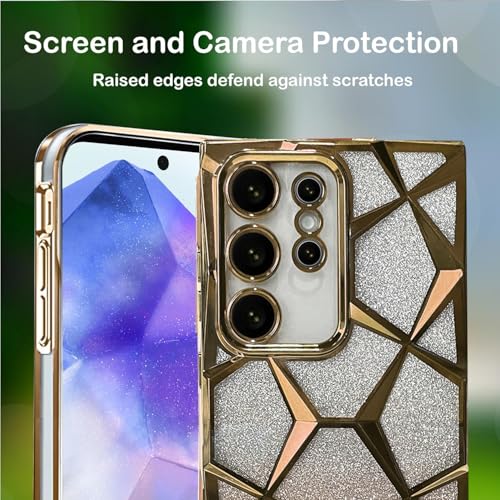 Image of VONZEE Gradient Glitter Case for Samsung S25 Ultra, Luxury Electroplated 3D Cube, Diamond Bling Shiny Soft TPU Clear Shockproof Women Girls Protective Phone Cover (Gold)