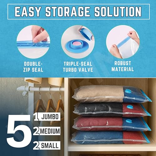 Image of VRPRIME 5Pc Vacuum Bags for Clothes with Pump | Travel & Smart Space Saver Strorage Vaccum Bag | Airtight, Reusable Compression Bags with Double-Zip Seal (Transparent) (5PC SET (PACK OF 1))