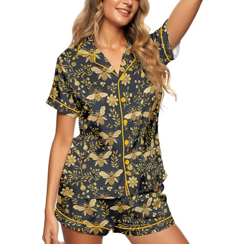 Image of HUNTFAMI Womens Soft Silky Satin Pajamas Set, 2 Pcs Sleep Short Pajamas for Mom and Grandma Button Down Summer Loungewear