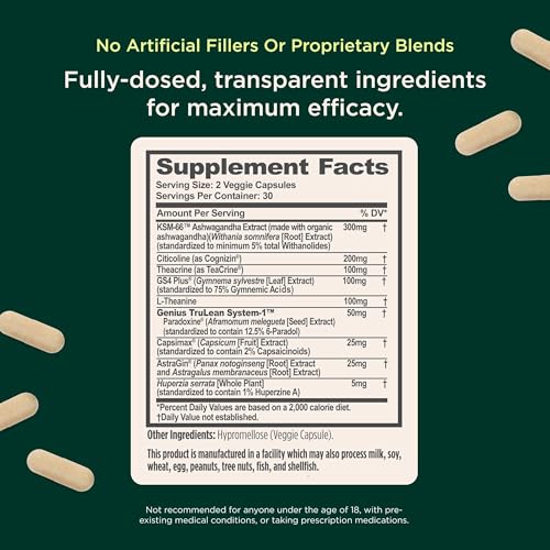 Image of Genius Thermogenic Fat Burner, 60 Diet Veggie Pills - Weight Loss & Metabolism Supplement, Appetite Suppressant & Energy Booster - Caffeine-Free Nootropic Focus & Brain Boost - Ashwagandha & TeaCrine