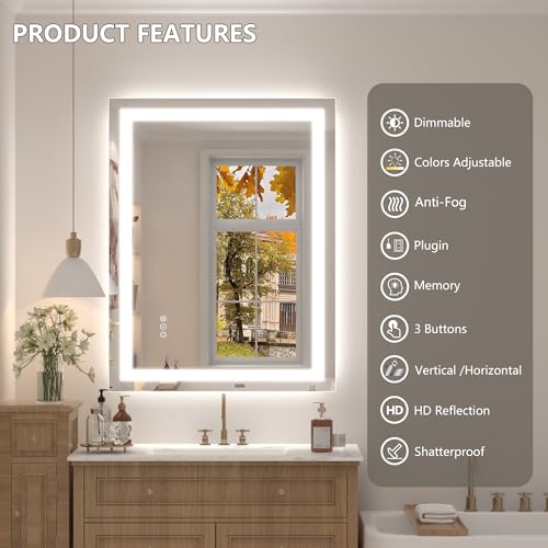 Image of 24x32 LED Bathroom Mirror, Dimmable Vanity Mirror for Wall, Backlit and Front Lighted, Anti-Fog, Memory, Shatter-Proof, ETL Listed (Horizontal /Vertical)