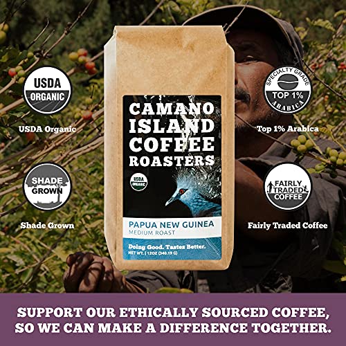 Camano Island Coffee Roasters Papua New Guinea Ground 12Oz Fresh Medium Roast, Usda Organic, Fairly Traded, Shade Grown Top 1% Arabica, Delicious Cocoa, Dried Fruit, Brown Sugar Flavor Profile #TOP3
