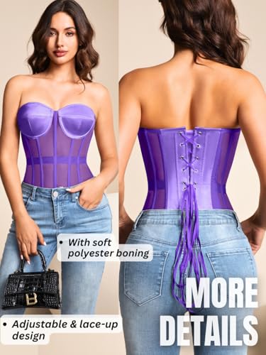 Image of Kaei&Shi Sheer Mesh Overbust Corset,Sexy Strapless Lace Up Satin Bra Corsets Top For Women Shapewear