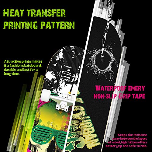 Skateboards voor beginners, 31 "x 8" Compleet Skateboard met ABEC-7 lager & 95A Wiel, 8 laags Hard Maple Deck voor Kids Tieners & Volwassenen, Dubbel Kick Deck Concave Cruiser Trick Skull Skateboard, Load 2200lbs - Afbeelding 5