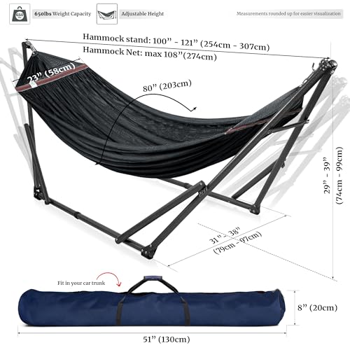 Image of Tranquillo Universal Hammock Stand 600 lbs Capacity, Instant 20s Foldable, 3-Year Warranty Hammock with Stand, 2 Person Camping Revolutionary Portable No Screws, Premium Hammocks, Black