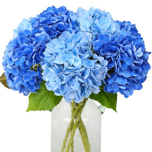 JUSTOYOU Künstliche Hortensien Blumen，4 PCS Doppelte Farbe Single Stem Realistische Hydrangea Blumen, 19.6Inch große Real Touch gefälschte Hydrangea Sträuße für Hochzeit Home Party (blau，tiefblau)