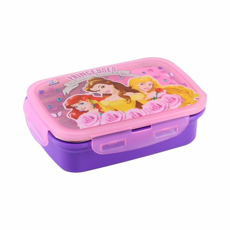 Image of SKi Homeware SnapLock Lunch Box for Kids with Stainless Steel Removable Inner Container +125ml dabbi + Spoon | Leak Resistant | Genuine Character Merchandise | Perfect for Birthday Gifts - Princess