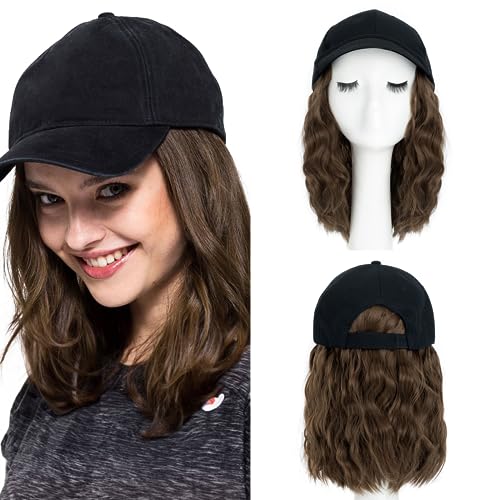 8 Inch Baseball Cap With Hair Extensions BOB Synthetic Hair With Attached Black Hat With One Piece Hair Extensions For Women