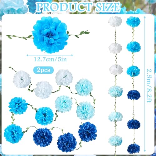 Image of Gradient Blue Tissue Paper Pom Pom Garlands, Paper Flowers for Birthday Decorations, Baby Shower, Wedding Engagement, Bridal Shower, Spring Summer Party Decorations