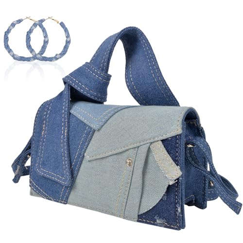 QZUnique Denim Purses set for Women Mini Jeans Handbag & Circle Earrings for Teen Girls Top Handle Crossbody Shoulder Bag (Dark Blue)