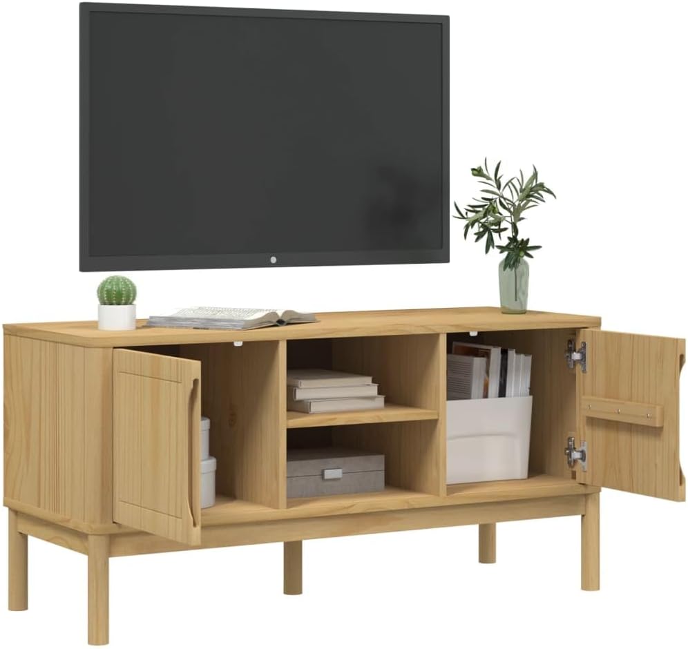 TV Cabinet Wax Brown Solid Pine Wood Media Console 44.9 x 16.9 x 21.7 in Modern Entertainment Center for 60 in TV Screens for Living Room Bedroom
