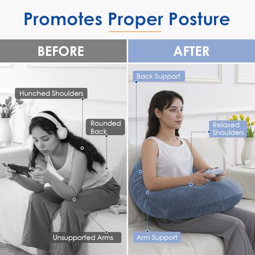 Image of QUEEN ROSE Reading Pillow, Gaming Pillow for Lap, Sitting in Bed or Sofa, Extra Arm Rest for Reading, Playing or Crocheting, Soft Velvet Blue