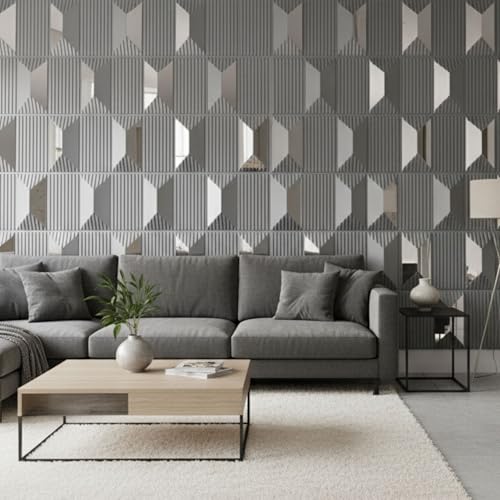 Image of Kayra Decor 3D PVC Wall Panels - Silver Abstract Mirror Design, 19.7 inch x 19.7 inch (Pack of 40) | Covers 107.60 Sq. Ft. |