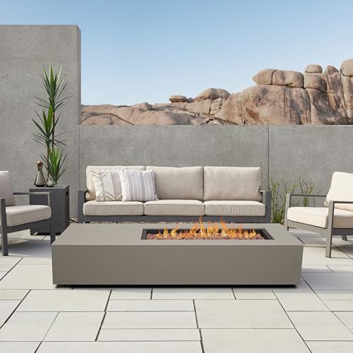 Image of Real Flame Aegean 72in Rectangle Propane or Natural Gas Fire Pit Table, 65,000 BTU, Powder-Coated Steel, Push-Button Ignition, CSA Certified, Stainless Steel Burner with Lid (Mist Gray)