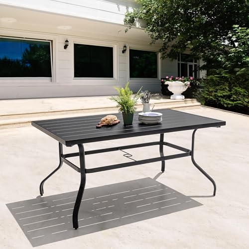 Image of NUU GARDEN Outdoor 61 inch x 37 inch Rectangle Dining Table with 1.57 inch Umbrella Hole, 6-Person Steel Slat Outdoor Patio Table, for Patio, Garden, Backyard and Balcony, Black