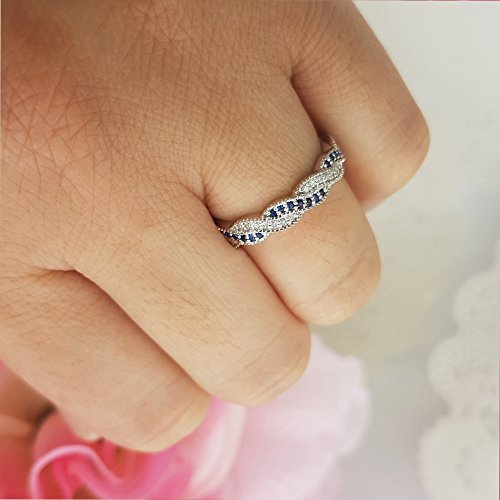 Dazzlingrock Collection Round White Diamond & Blue Sapphire Womens Anniversary Wedding Stackable Band Swirl Ring, 14K Solid White Gold4