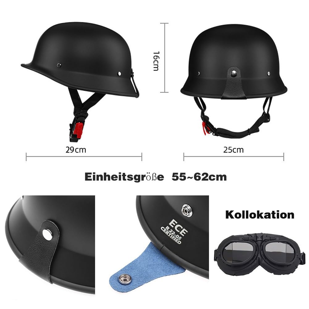 Vintage Motorradhelm Halbhelme mit ECE, Halbschalenhelm für Herren und Damen, Jethelm Retro, Chopper Helm, Scooter-Helm, Fahrradhelm, mit Schnellverschlussschnallen 55~62cm