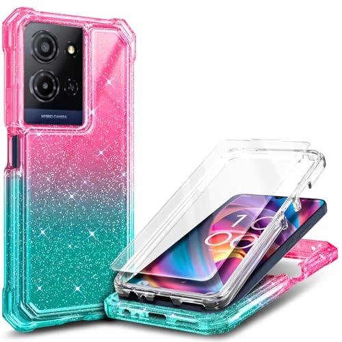 WDHD Compatible with TCL K32 5G & K33 5G Phone Case, Glitter Pink/Aqua | Full-Body Protective Shockproof Rugged Bumper Cover with Screen Protector, Raised Corners Drop Protection