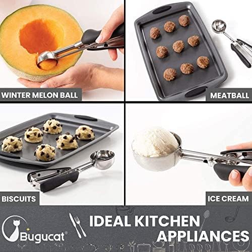 Bugucat Ice Cream Scoop 3-Piece Cookie Scoop Set Polished Stainless Steel Ice Cream Scoop Ice Cream Spoon with Trigger, Ice Cream Spoon Biscuit Scoop for Fruit Ice Cream Cookies Dough Ice Cream