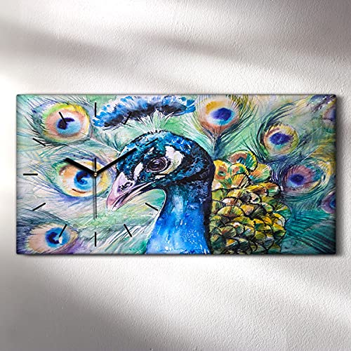 Horloge sur Toile Peacock 60x30cm - Cadre Décoratif Animal de Pétrole - 3