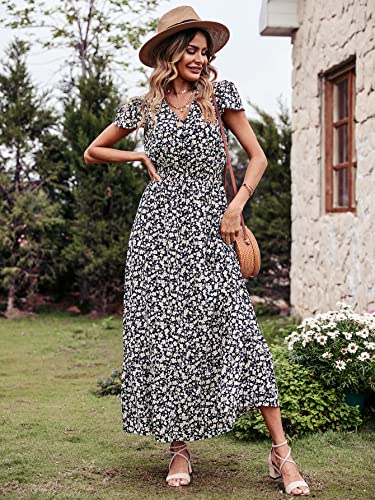 Image of PRETTYGARDEN Womens Dresses 2026 Summer Maxi Dress Boho Short Sleeve V Neck Swiss Dot Ruffle Tiered Smocked Flowy Long Dress