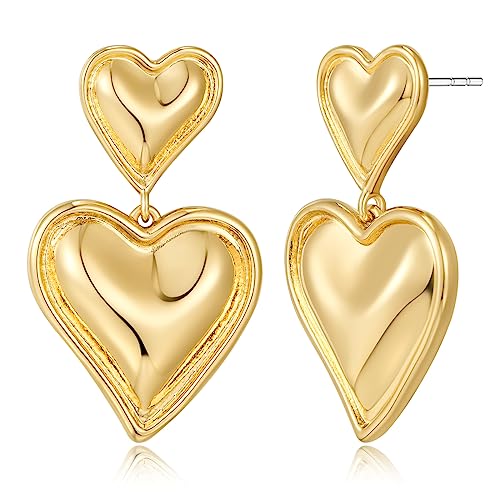 Boucles d'oreilles pendantes double cœur or mat au design rétro léger et confortable
