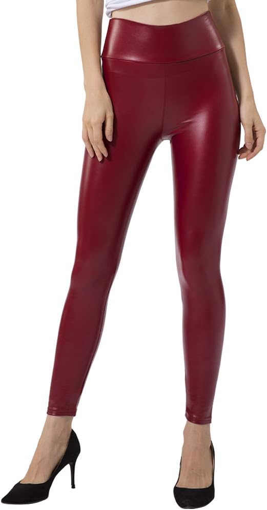 Tagoo Women's Stretchy Faux Leather Leggings Pants, Sexy Red High Waisted Tights - Image 2