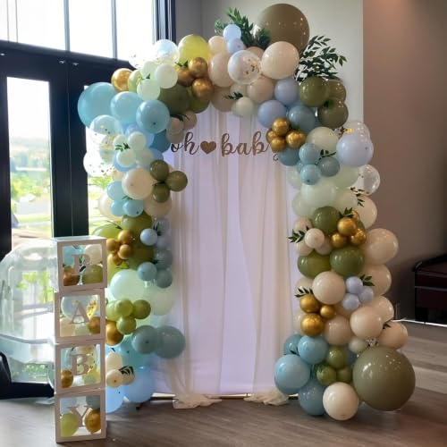 Image of Sage Green and Blue Balloons, 60 PCS 12 Inch Dusty Green Blue Sand | White Gold Balloons for Baby Shower Bridal Shower Wedding Boho Birthday Party Decorations