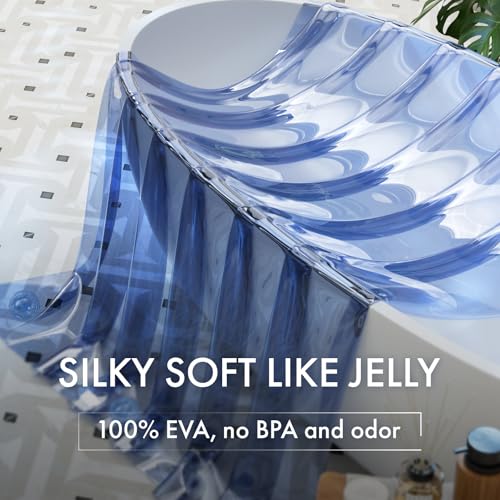 Image of AmazerBath No Hook Shower Curtain and Liner 3-in-1, Luxury Heavy Duty Clear Blue No Hook Shower Liner, 72x75 100% EVA Hookless Shower Curtain with 3 Heavyweight Stones