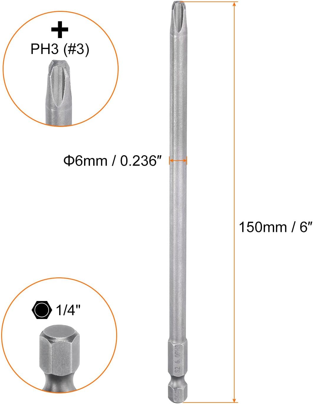HARFINGTON 5pcs #3 Phillips Screwdriver Bit PH3 1/4" Hex Shank 6" (150mm) Long Magnetic S2 Steel Industrial Grade Screw Driver Bit Cross Head Electric Drill Bits 0.236" (6mm) Rod
