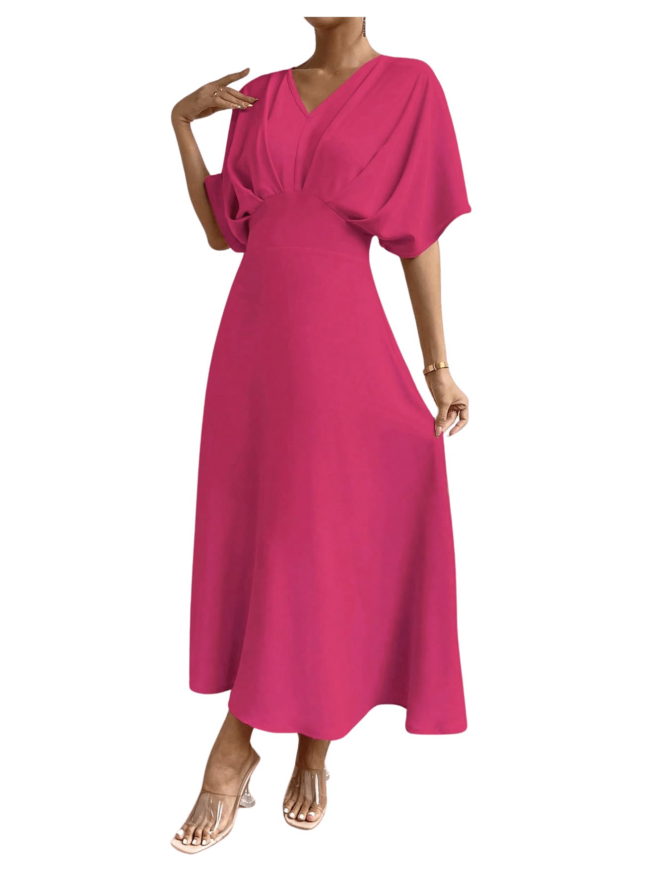 Floerns Women's V Neck Half Sleeve Ruched Cocktail Evening A Line Long Dress