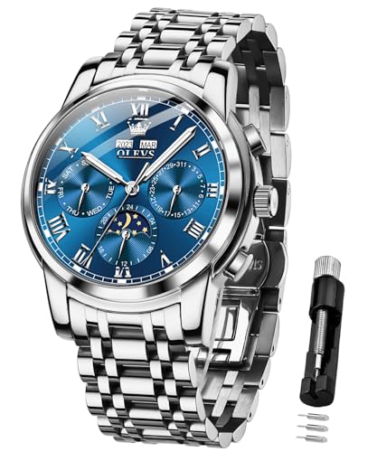 Image of OLEVS Mens Automatic Watch Mechanical Self Winding Luxury Business Dress Moon Phase Stainless Steel Calendar Wrist Watches for Men Waterproof Luminous