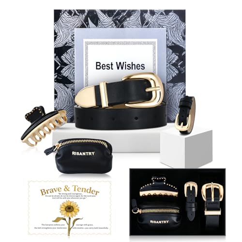 RISANTRY 4-in-1 Women's Gift Set: Gold Buckle Black Leather Belt, Bracelet, Synthetic Leather Headphone Case (Fits Most), Acetate Hair Clip